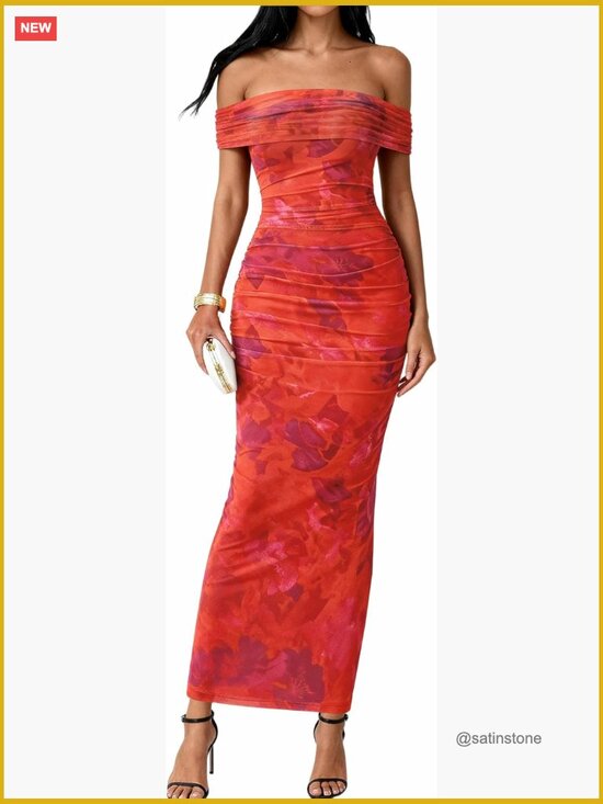 Dresses & Skirts - Off Shoulder Bodycon Mesh Maxi Dress with Back Slit